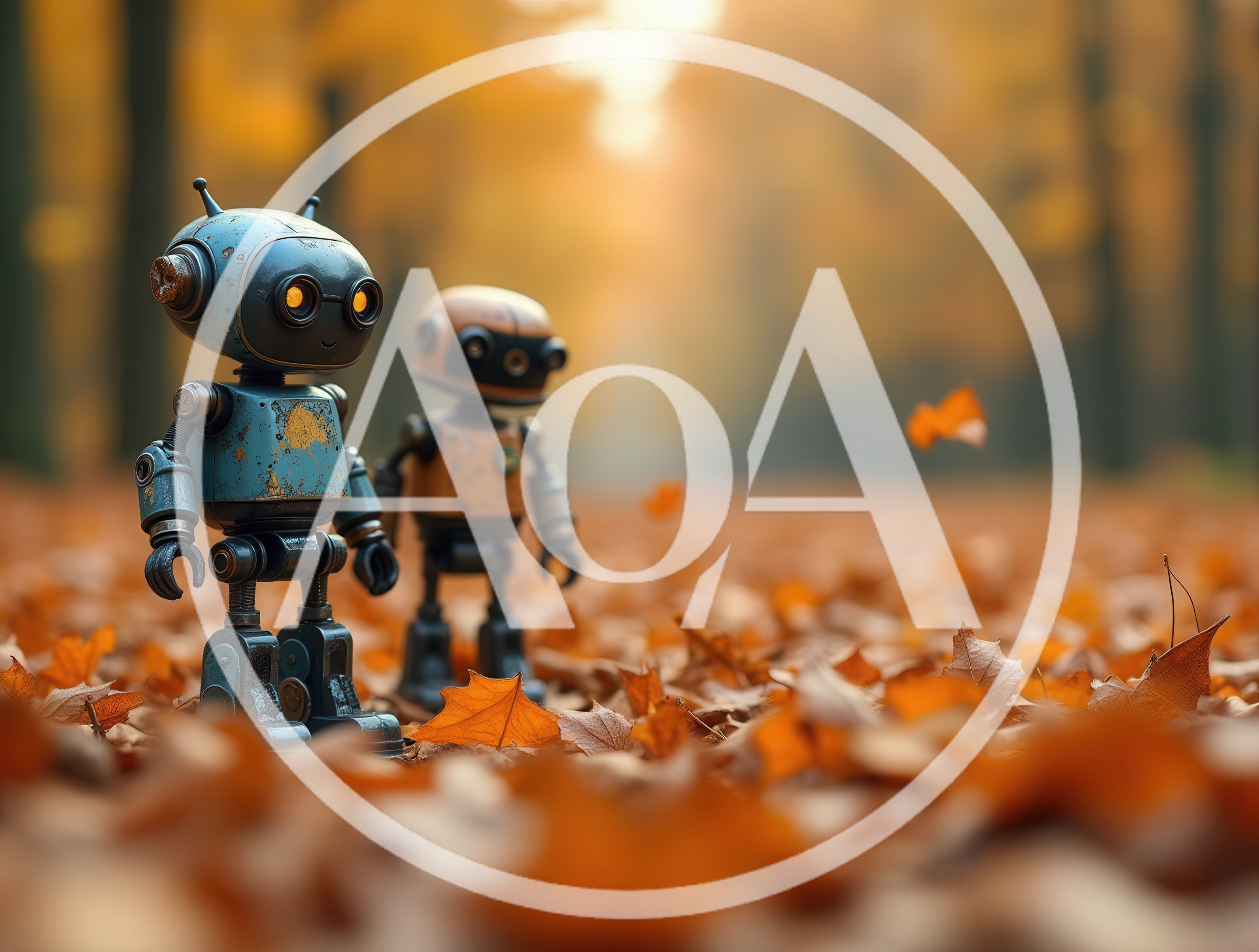 Two Small Vintage Robots Standing In Autumn Forest