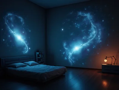 Bedroom Interior With Glowing Nebula Wall Art