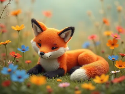Cute Cartoon Fox Resting In A Colorful Flower Meadow