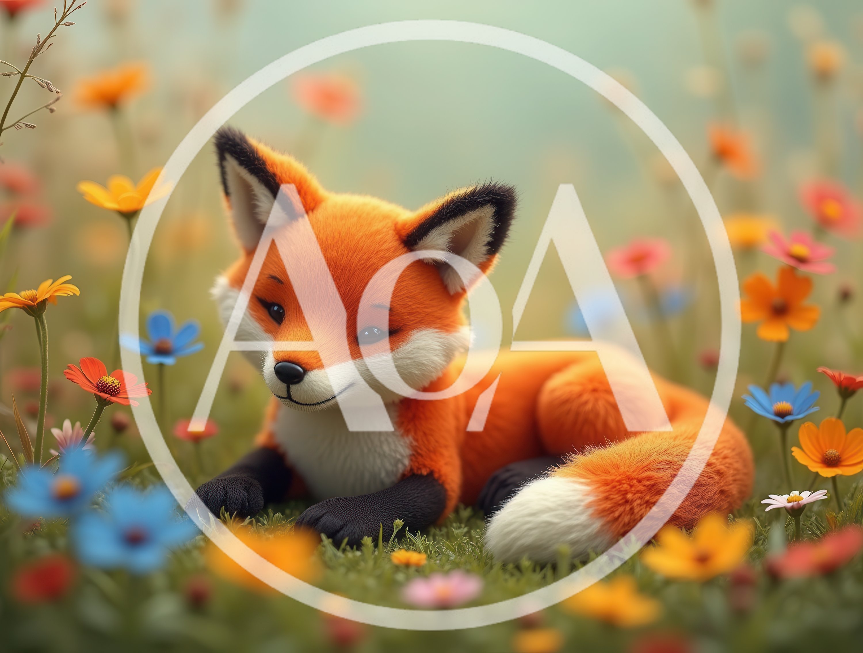 Cute Cartoon Fox Resting In A Colorful Flower Meadow