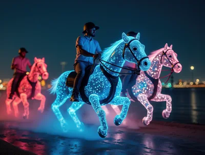 Futuristic Glowing Horses With Riders At Night