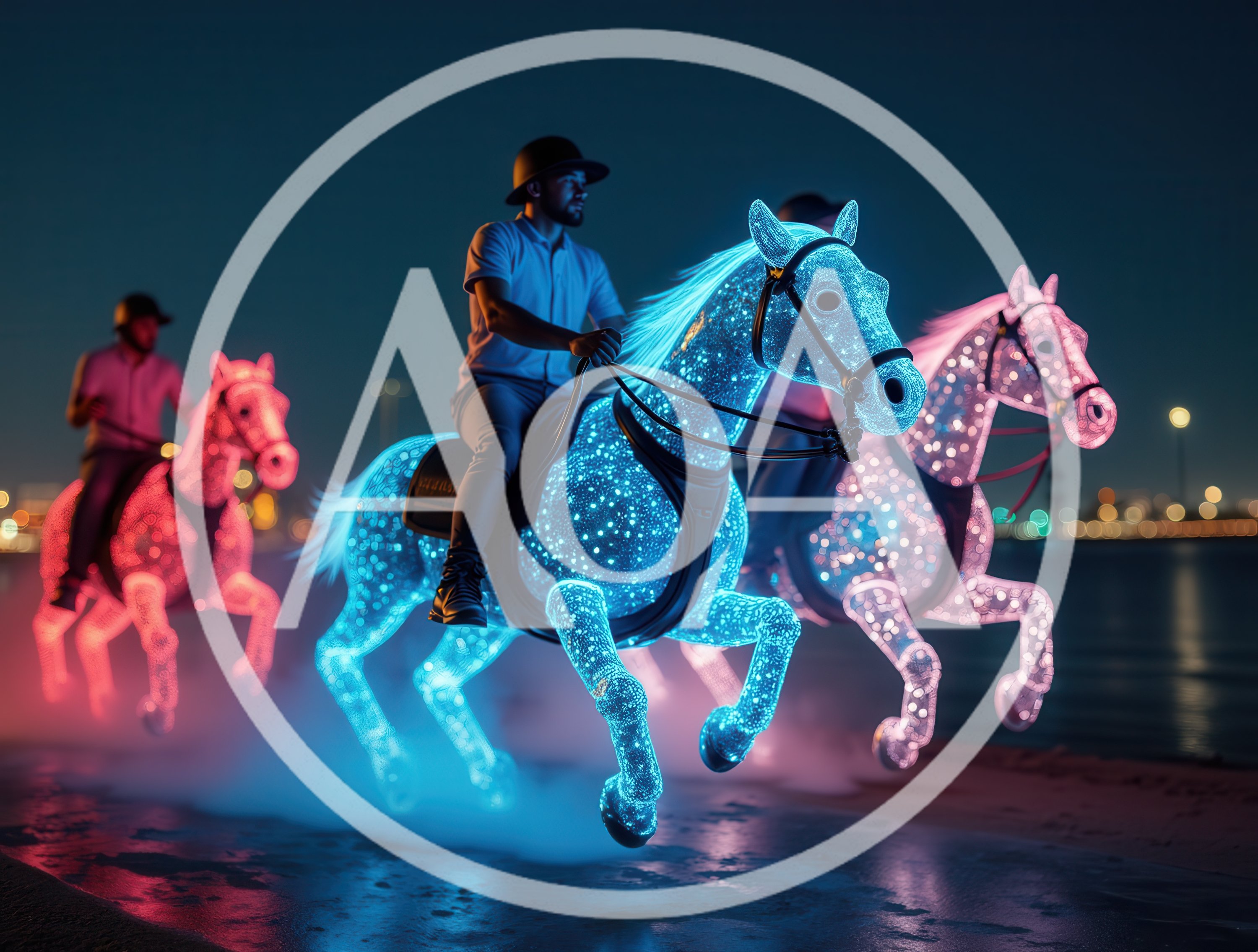 Futuristic Glowing Horses With Riders At Night
