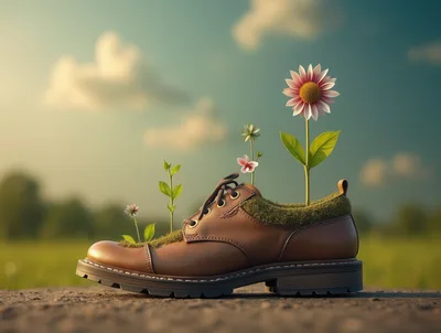 Brown Leather Shoe With Growing Flowers And Moss