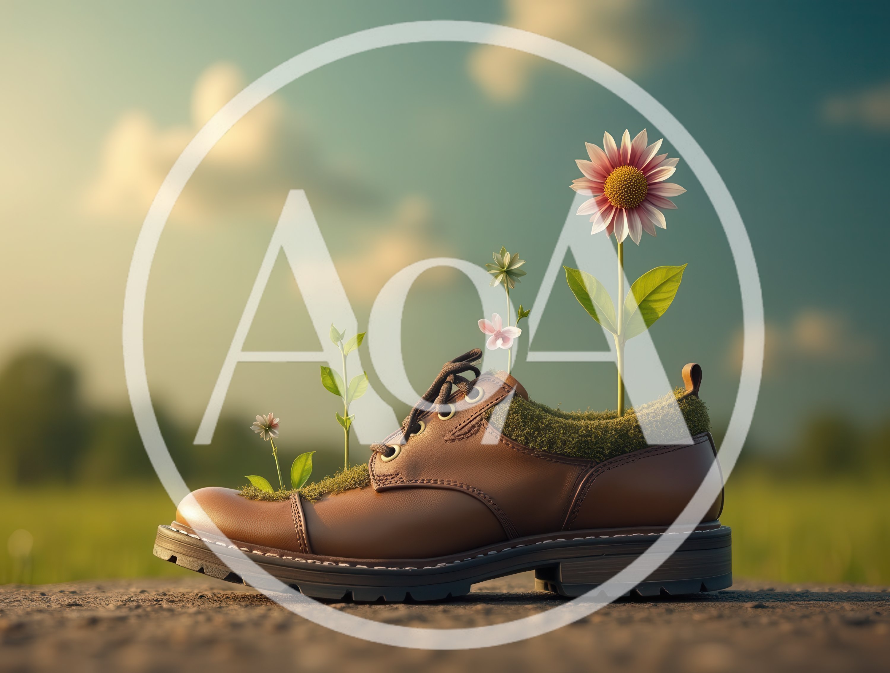 Brown Leather Shoe With Growing Flowers And Moss