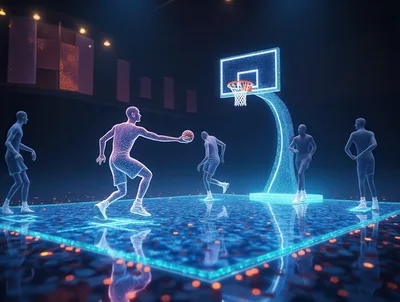 Digital Holographic Basketball Players On A Glowing Court