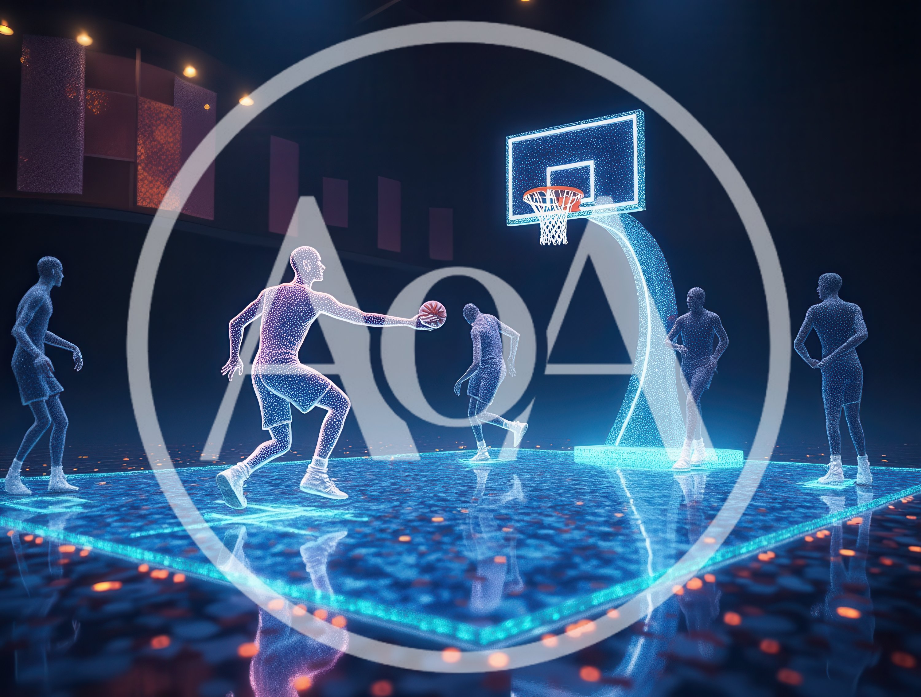 Digital Holographic Basketball Players On A Glowing Court