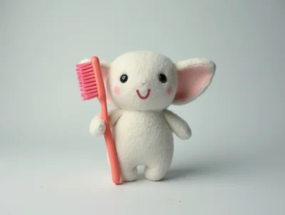 Cute White Plush Toy Holding A Pink Toothbrush
