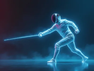 Fencer Performing A Lunge In Neon Blue Light