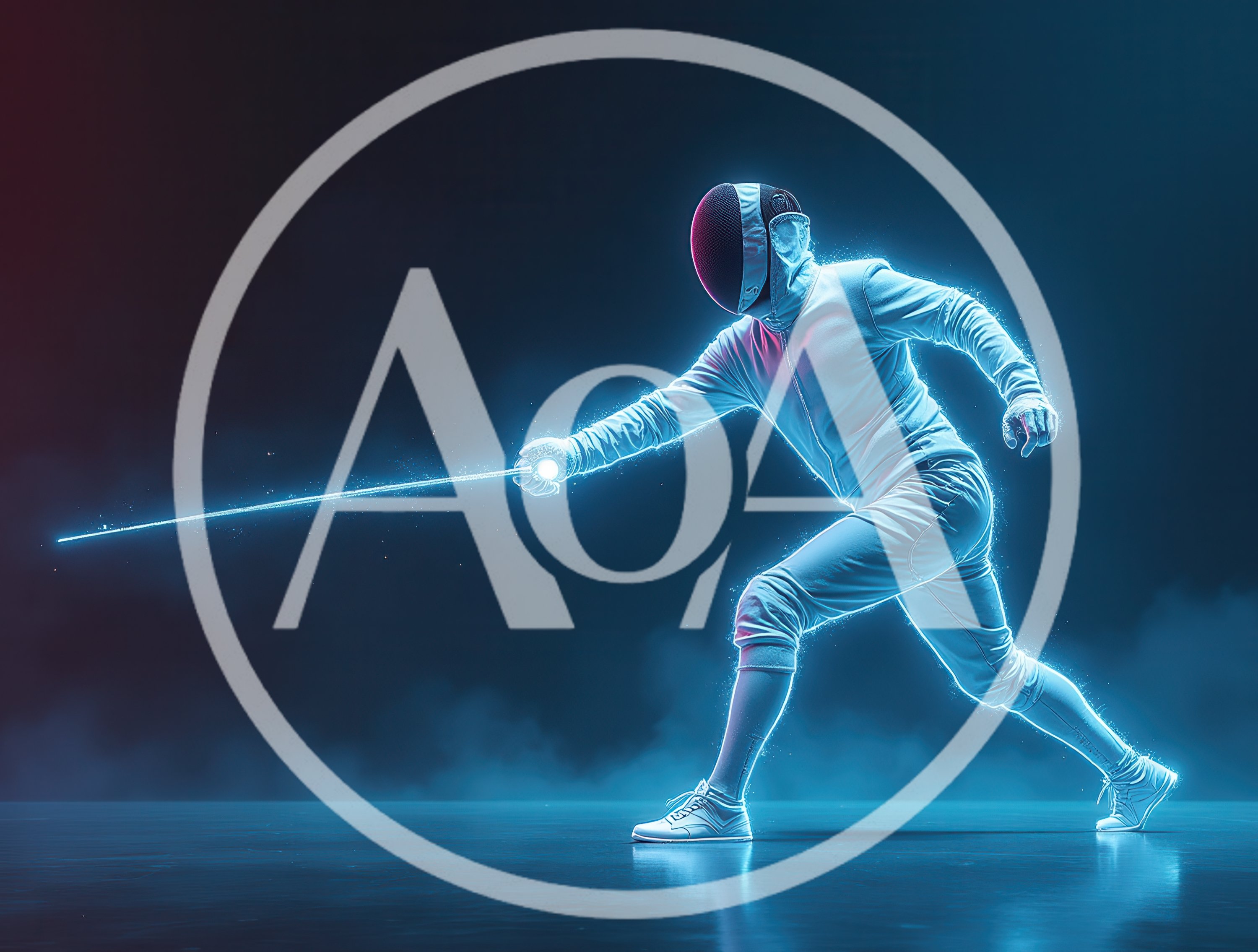 Fencer Performing A Lunge In Neon Blue Light