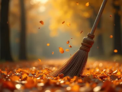 Wooden Broom Sweeping Fallen Autumn Leaves