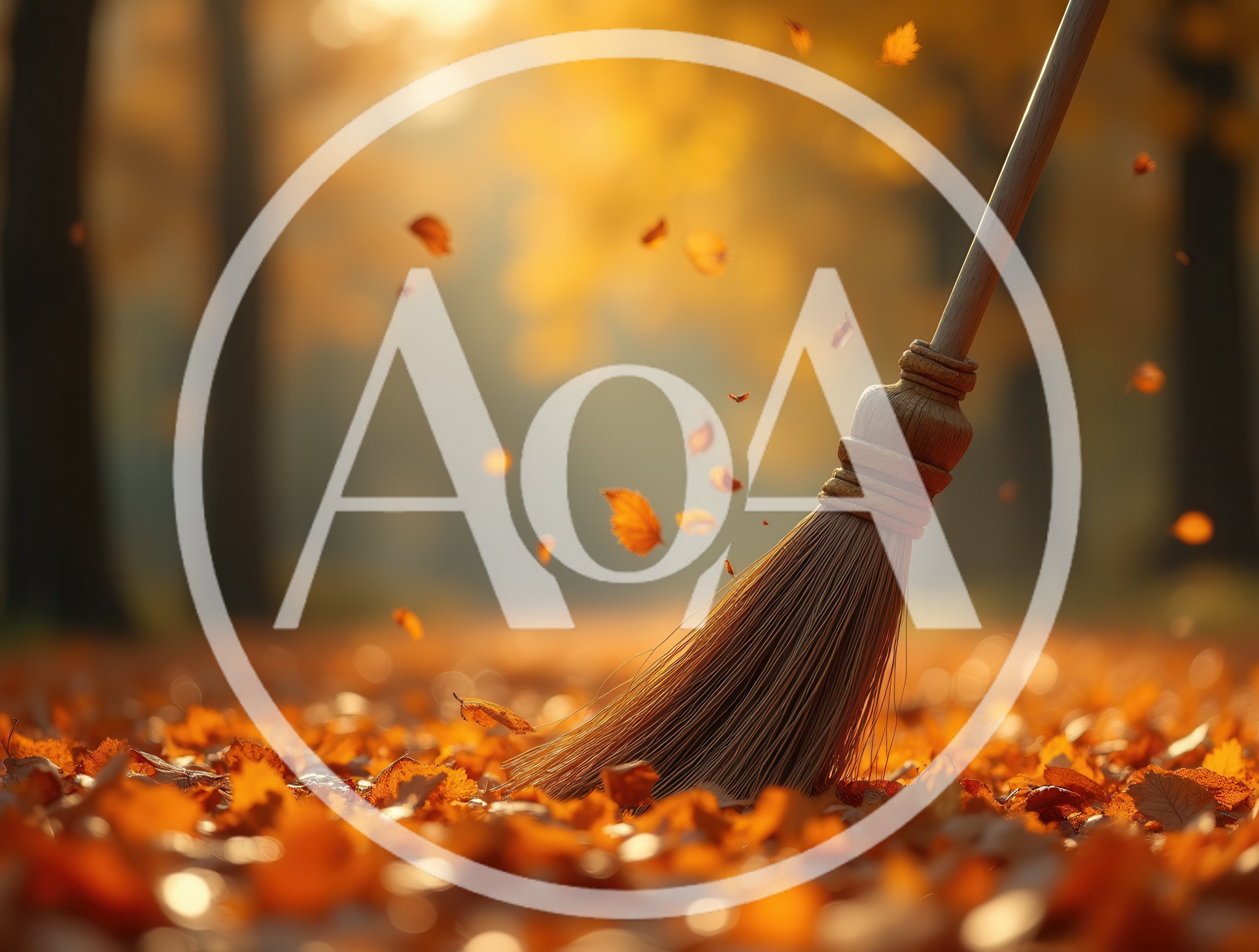 Wooden Broom Sweeping Fallen Autumn Leaves
