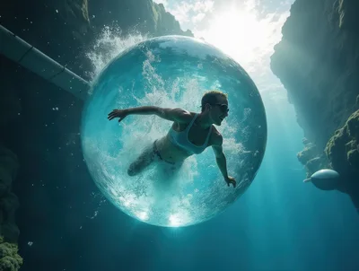 Woman Swimming Inside A Large Underwater Bubble