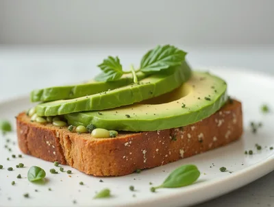 Fresh Avocado Toast With Basil Leaves On White Plate