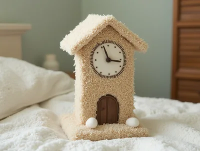 Plush House Shaped Clock On A Bed