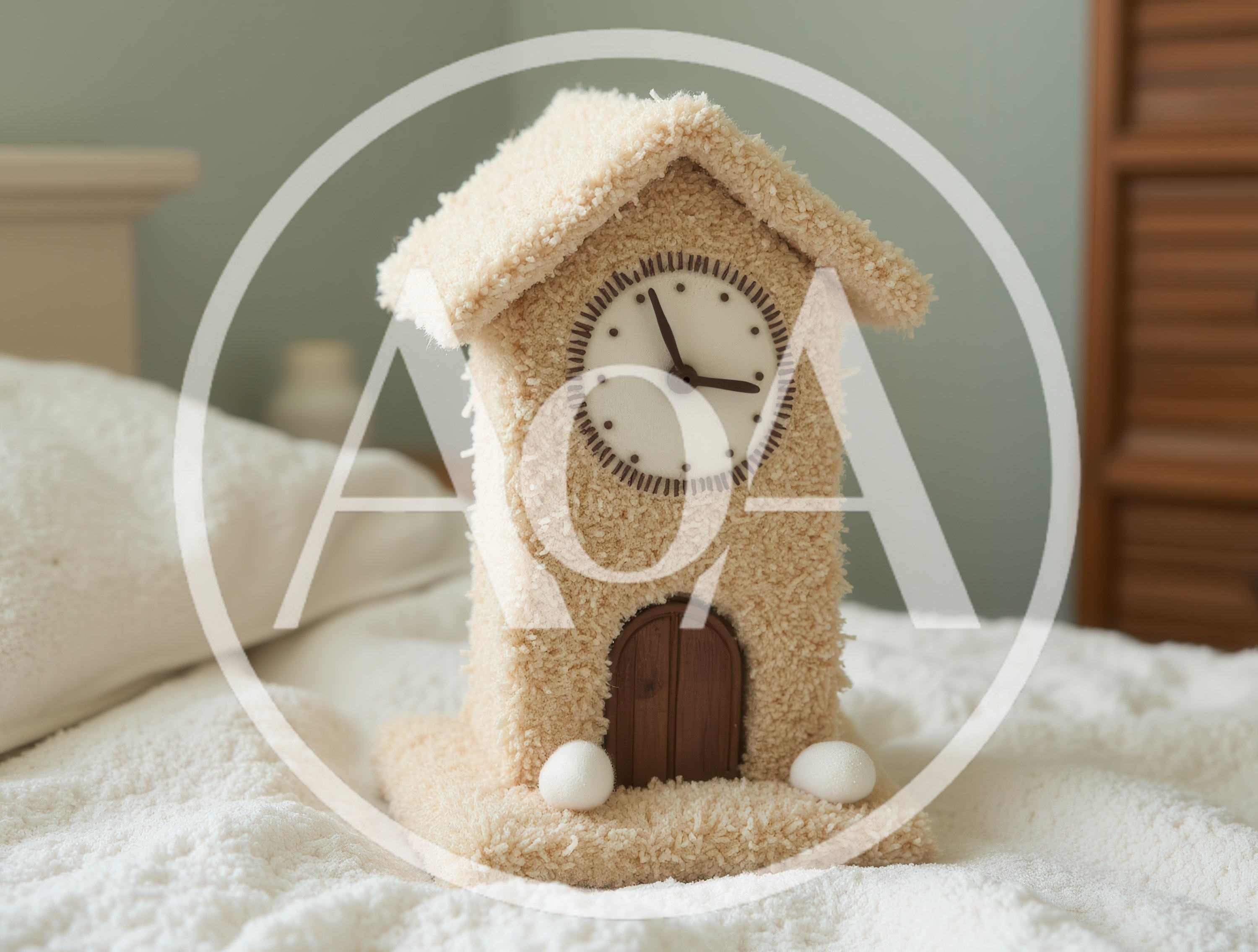 Plush House Shaped Clock On A Bed