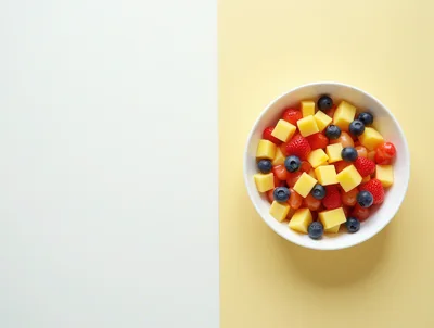 Bowl of Fresh Fruit Salad on Two Tone Background