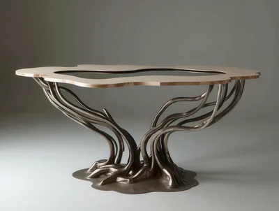 Modern Sculptural Console Table With Organic Metal Base