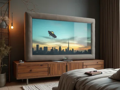 Modern Bedroom Featuring Large Television With Sci-Fi Display