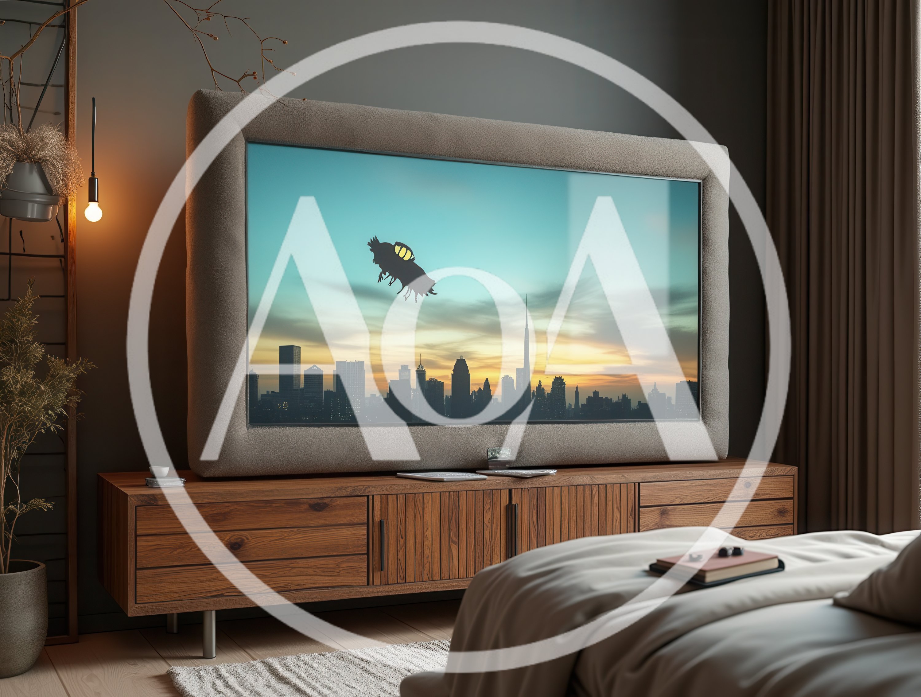 Modern Bedroom Featuring Large Television With Sci-Fi Display