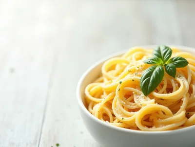 Bowl Of Spaghetti Pasta With Fresh Basil Garnish