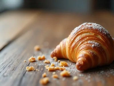 Freshly Baked Croissant With Powdered Sugar On Wooden Table