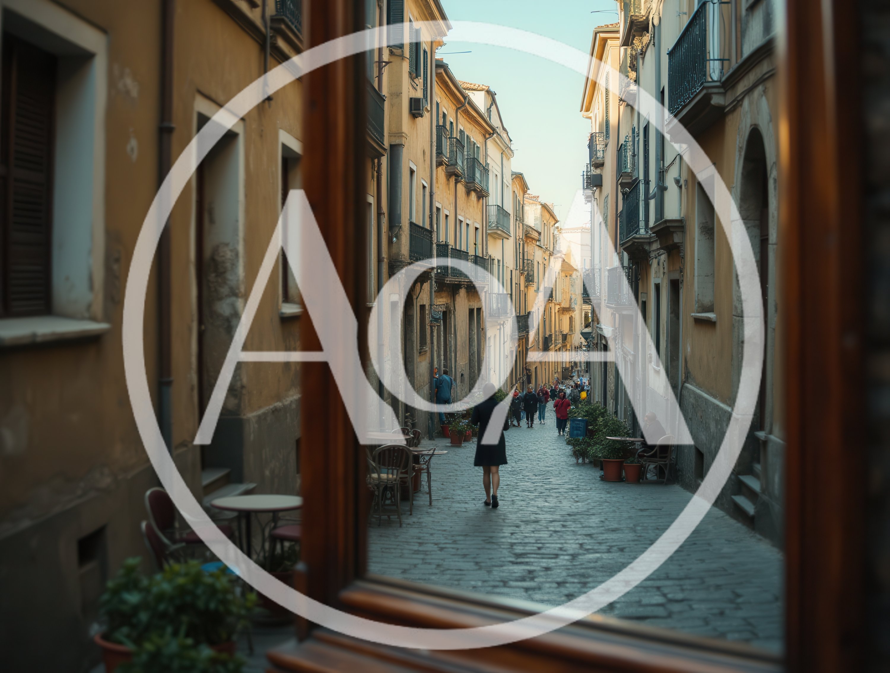Woman Walking Down A Narrow Cobblestone Street In Italy