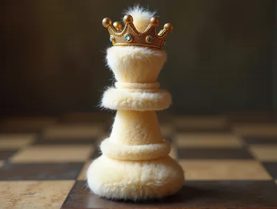 Furry White Chess Queen Piece With Gold Crown