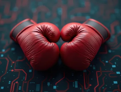 Red Boxing Gloves On Digital Circuit Board Background