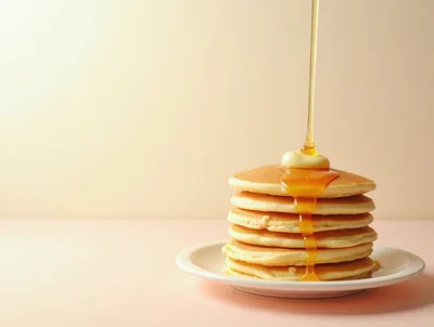 Golden Syrup Pouring Over A Stack Of Fluffy Pancakes