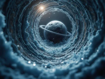 Surreal Tunnel View Of A Ringed Planet In Space
