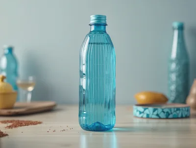 Blue Plastic Water Bottle on Wooden Table