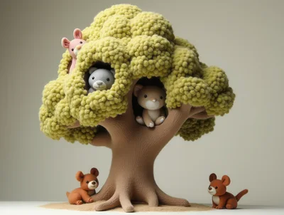 Knitted Toy Animals In A Felted Tree