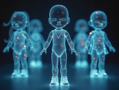 Holographic Cosmic Children Figures Standing In Dark Space