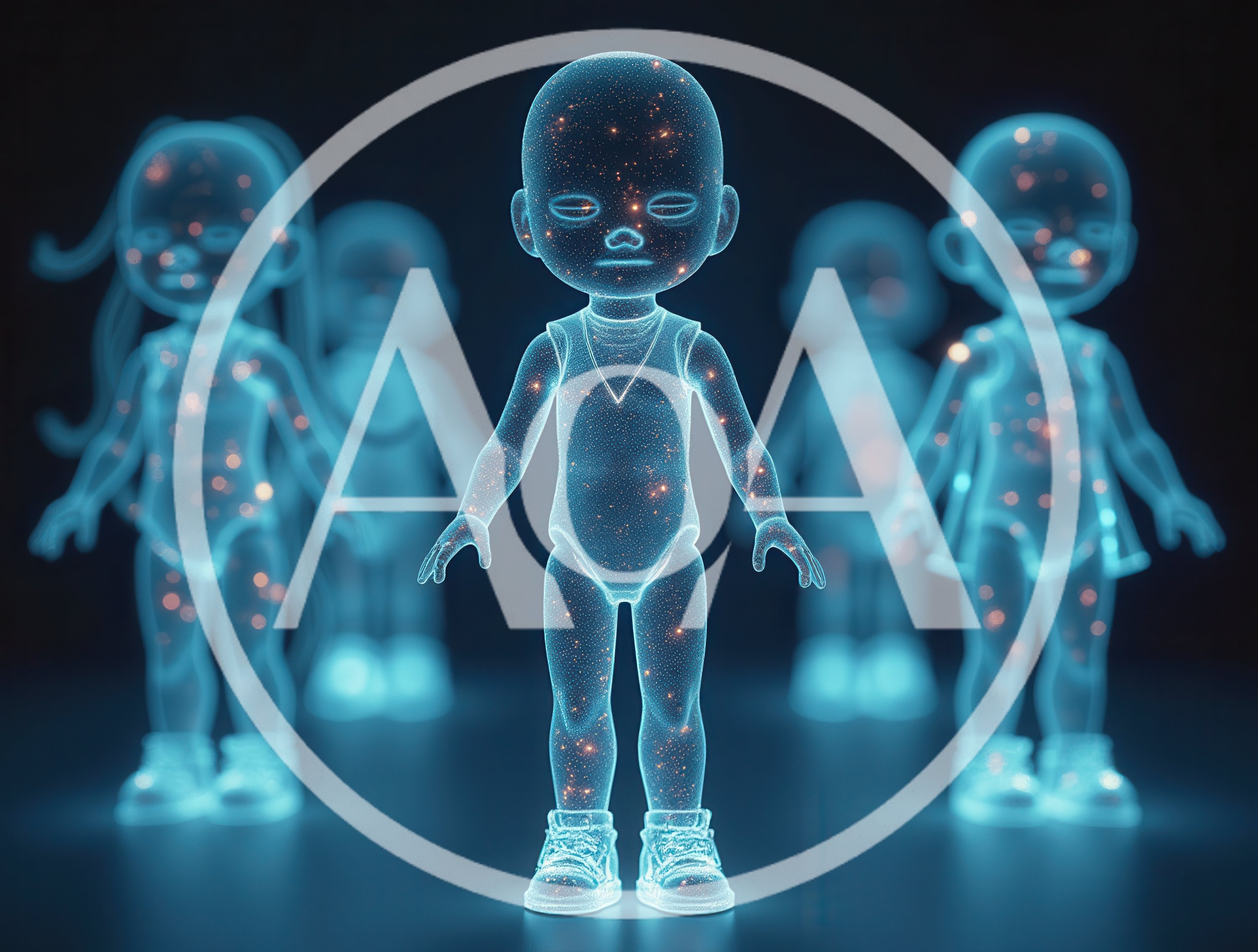 Holographic Cosmic Children Figures Standing In Dark Space