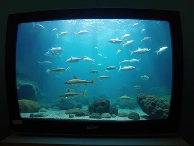 School Of Fish Swimming Inside A Television Screen