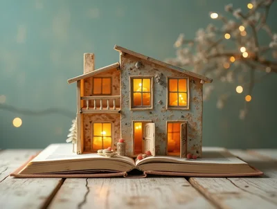 Miniature House Model Sitting On An Open Book