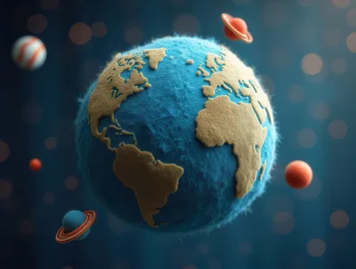 Fuzzy Textured Earth Globe With Surrounding Planets