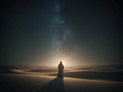 Lone Figure Standing In Vast Desert Under Milky Way