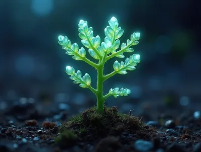 Glowing Bioluminescent Plant Sprouting From Dark Forest Soil