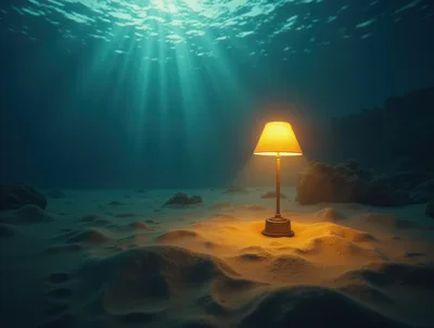 Glowing Table Lamp Resting On The Ocean Floor