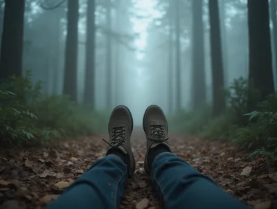 Person Resting On A Foggy Forest Path