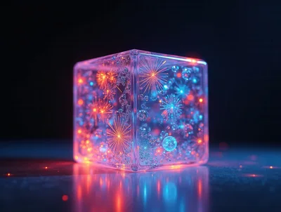 Glowing Transparent Cube With Internal Fireworks And Bubbles