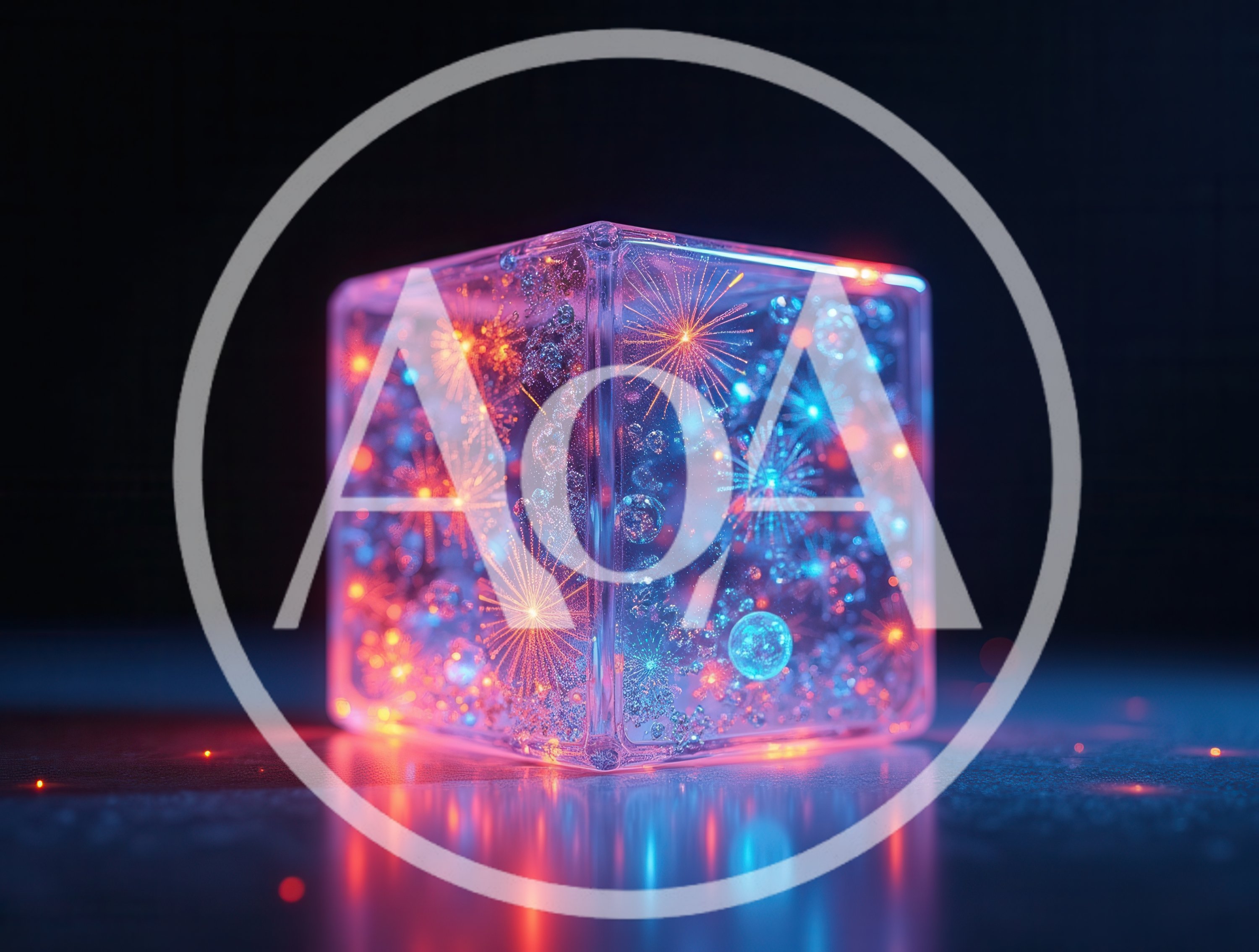 Glowing Transparent Cube With Internal Fireworks And Bubbles