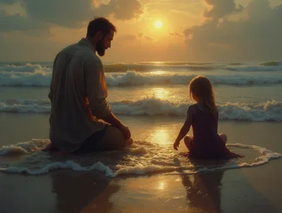 Father and Daughter Sitting Together on Beach at Sunset