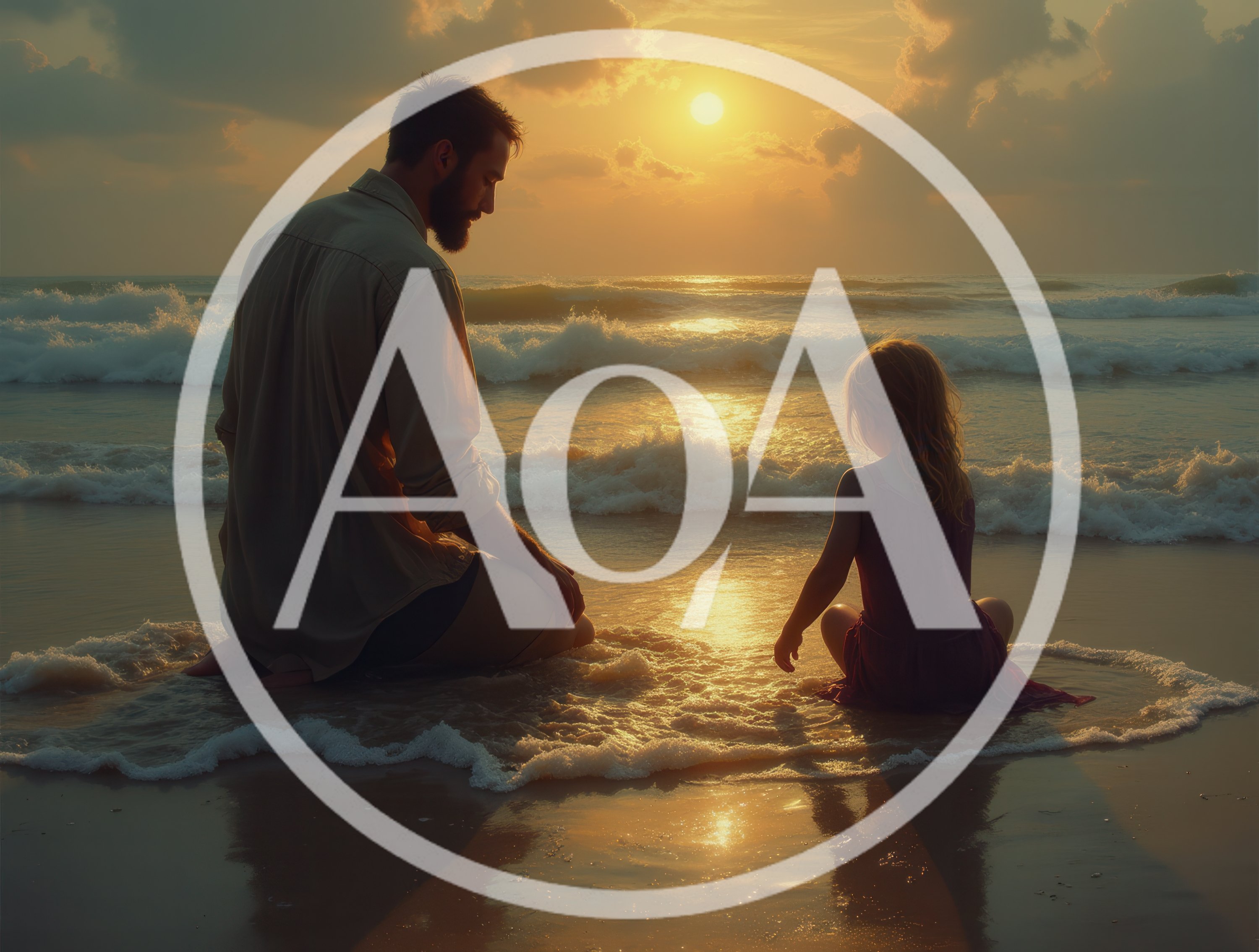 Father and Daughter Sitting Together on Beach at Sunset