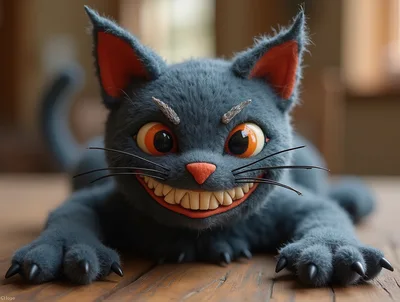 Plush Grey Cat Toy With Grinning Expression