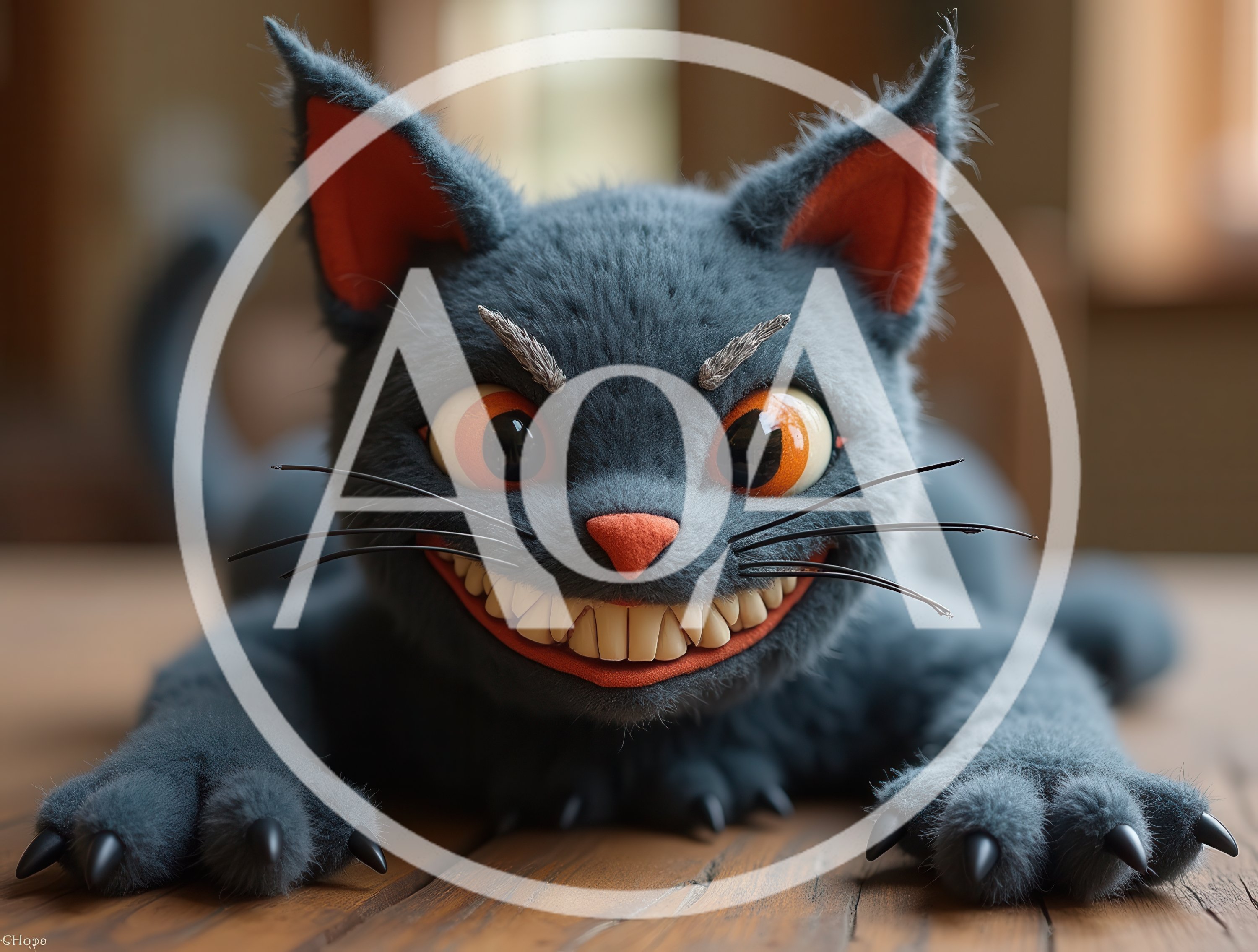 Plush Grey Cat Toy With Grinning Expression