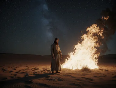 Man Standing Beside A Large Desert Bonfire At Night