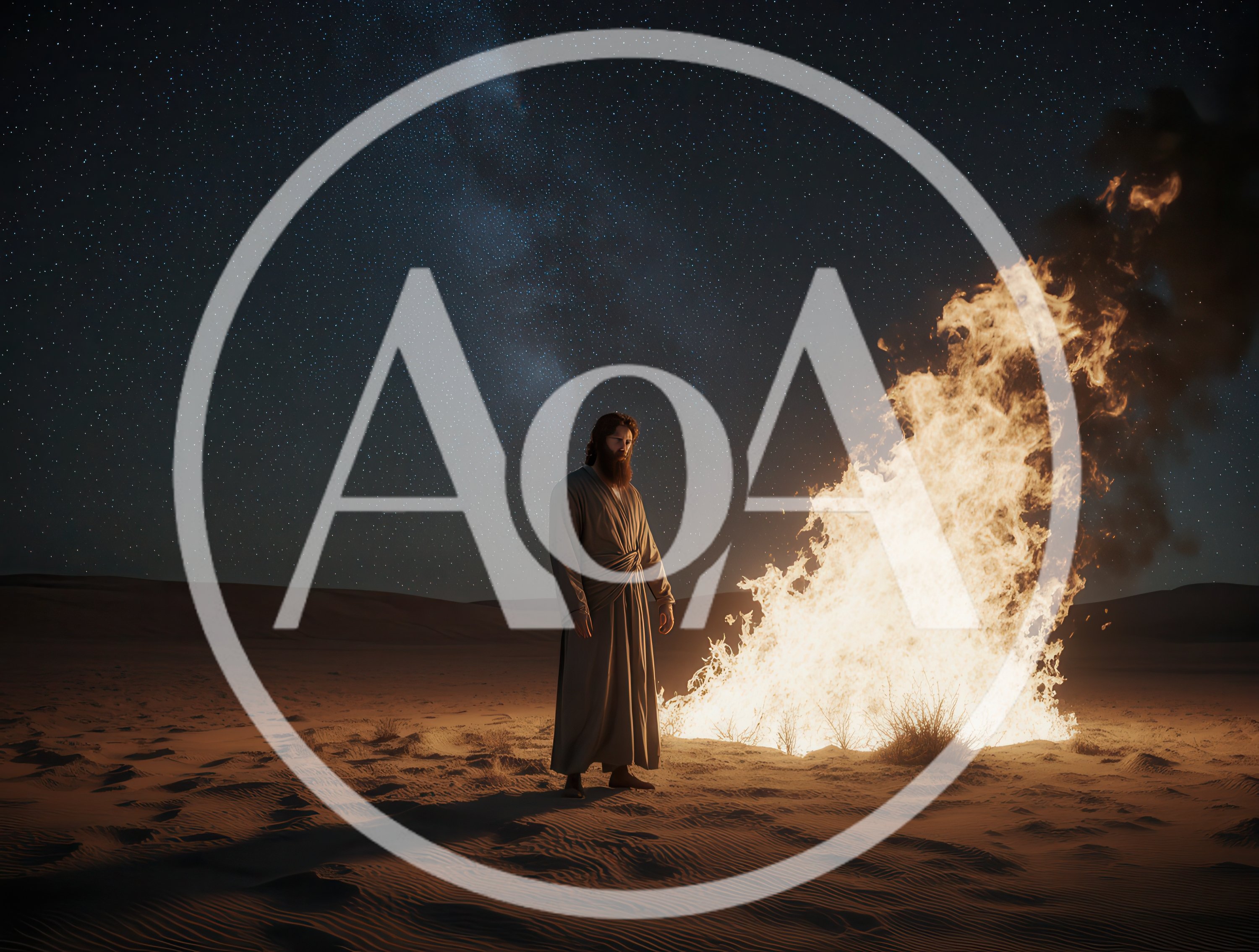 Man Standing Beside A Large Desert Bonfire At Night