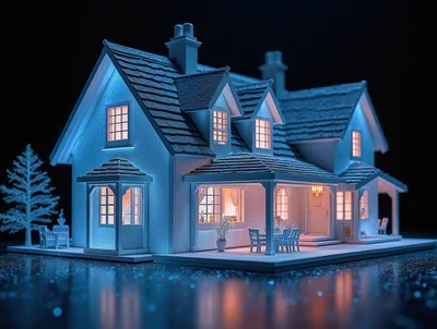Miniature Model House With Warm Interior Lighting